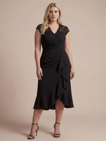 Roselledress Dusty Mauve Wrap V-Neck Lace Cap Sleeve Zip Back Midi Plus Size Weeding Guest Dress