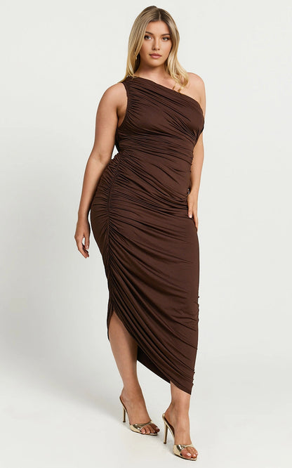 One Shoulder Ruched Asymmetrical Midi Plus Size Wedding Guest Dress