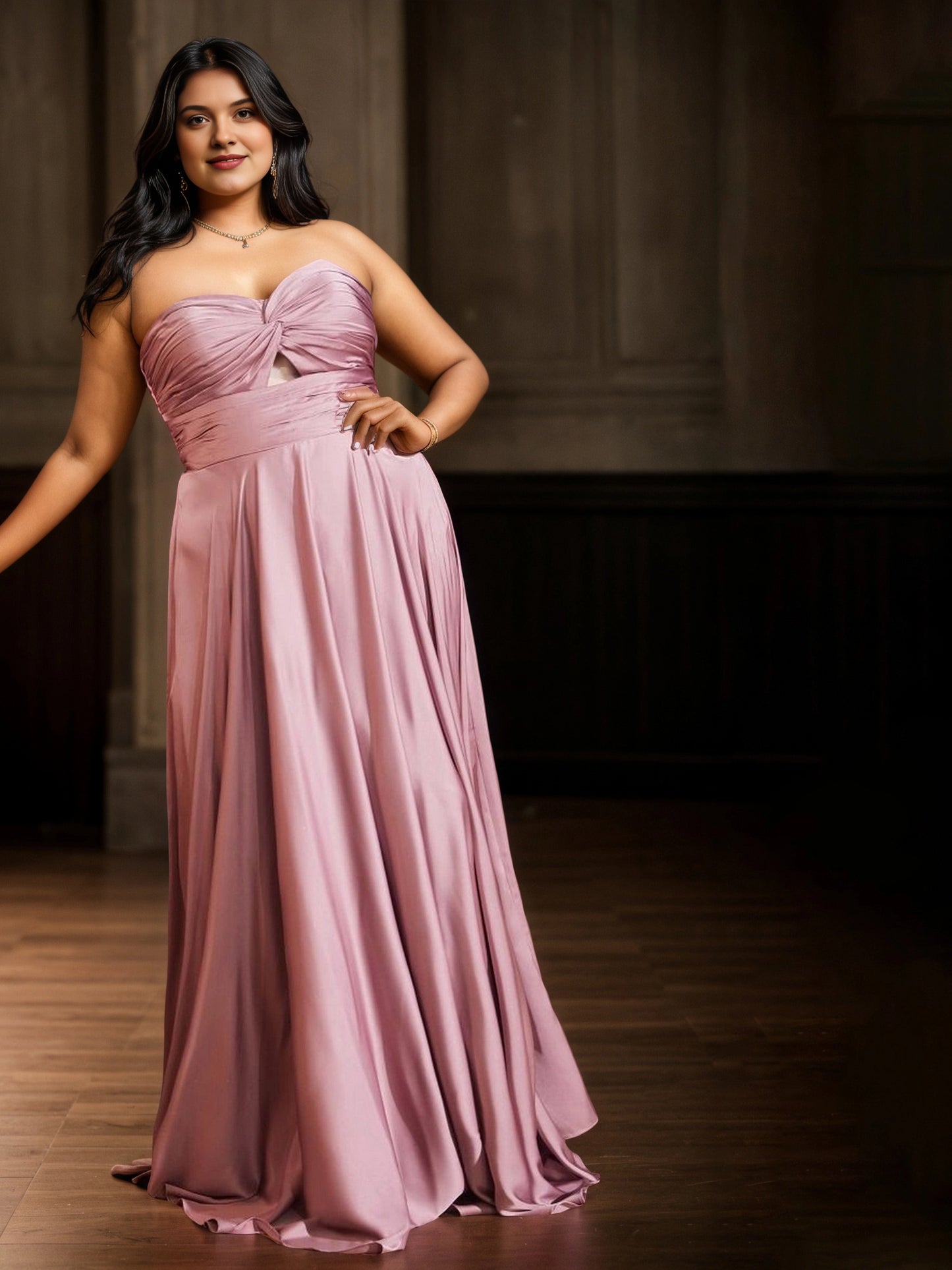 Black Satin A‑Line Sweetheart Strapless Closed‑Back Maxi Plus Size Wedding Guest Dress