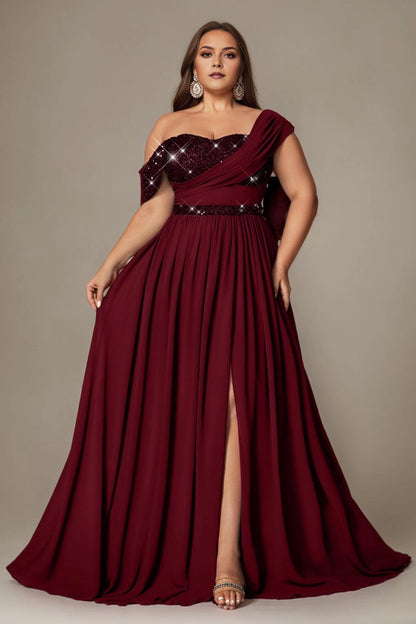 Navy Plus Size A-Line Off Shoulder Asymmetric Sleeve Straight Back Long Prom Dress
