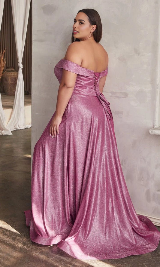 Back view Roselledress dusty pink plus size lace up back off shoulder glitter prom dress formal gown