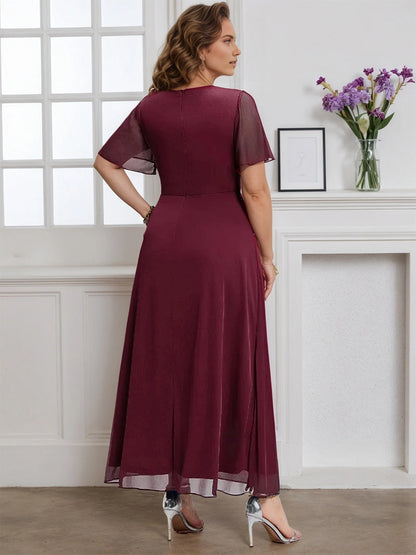 Chic A‑Line V‑Neck Flutter‑Sleeve Closed‑Back Tea‑Length Plus Size Mother Of The Bride Dress
