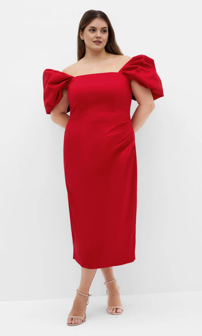 Plus‑Size Off‑The‑Shoulder Puff Sleeve Ruched Midi Sheath Wedding Guest Dress