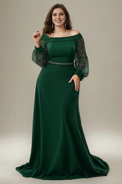 Dark Green Plus Size A‑Line Off‑The‑Shoulder Sequin‑Long‑Sleeve Zip‑Back Long Prom Dress