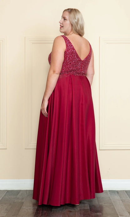 Roselledress plus size beaded a-line prom dress back view, deep v-back zipper closure burgundy satin formal dress