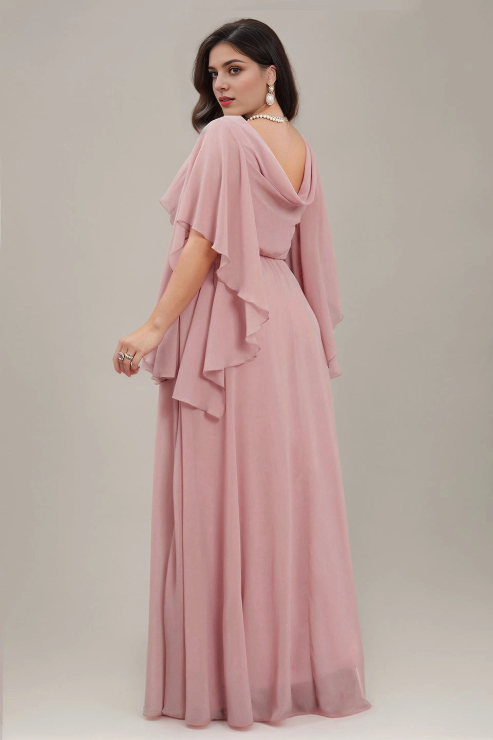 Dark Green Plus Size A‑Line V‑Neck Cape‑Sleeve Cowl‑Back Floor‑Length Prom Dress