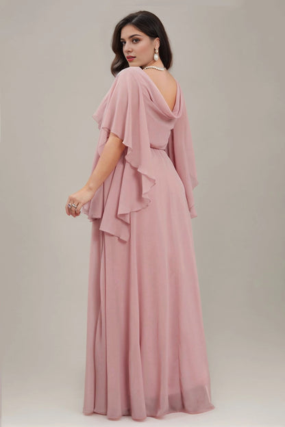 Dark Green Plus Size A‑Line V‑Neck Cape‑Sleeve Cowl‑Back Floor‑Length Prom Dress