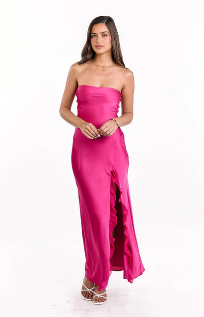 Hot Pink Sheath Strapless Tube Lace Up Back Long Prom Dress