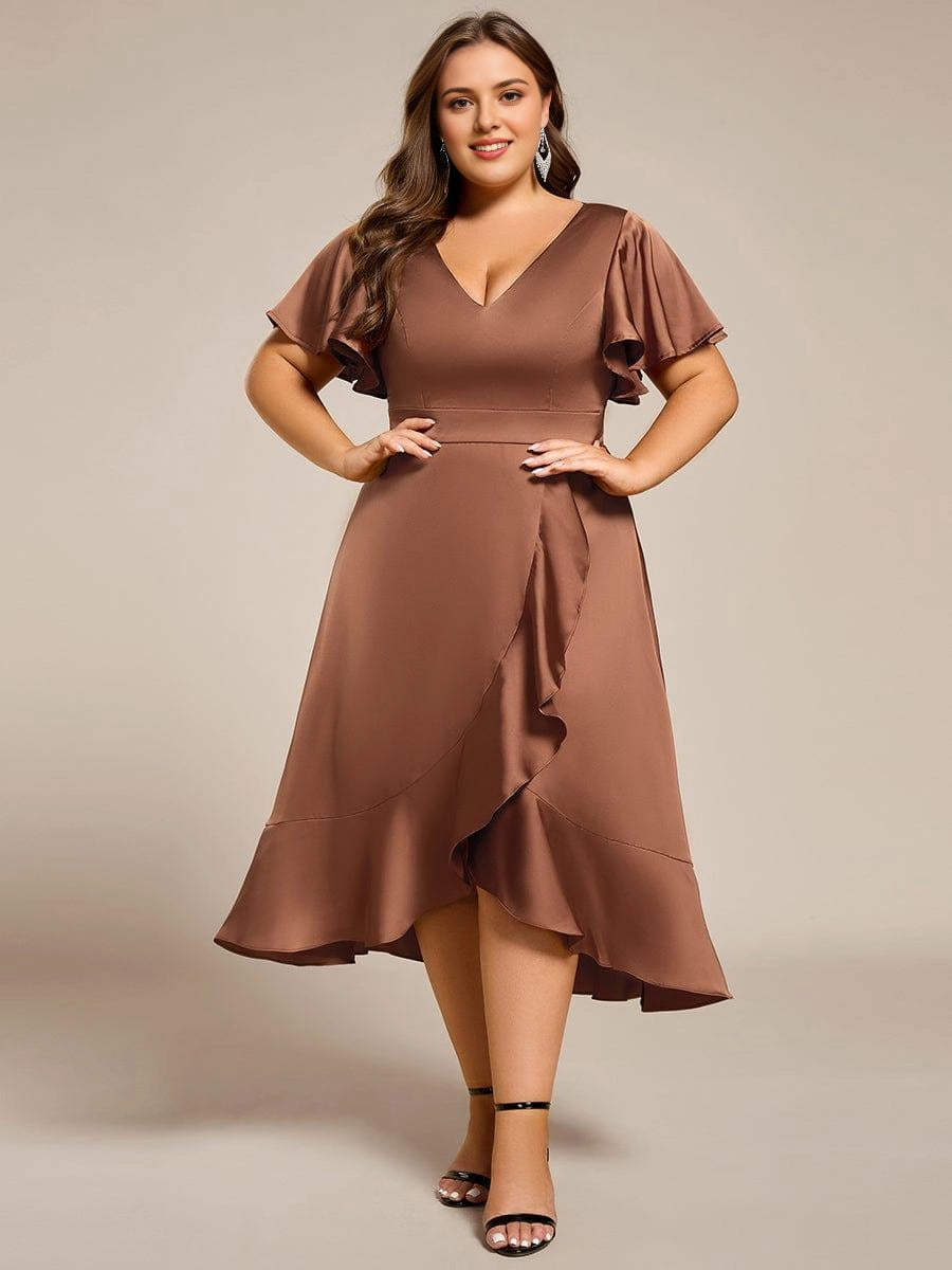 Roselledress Sage Green Wrap V-Neck Flutter Sleeve Zip Back Midi Plus Size Weeding Guest Dress