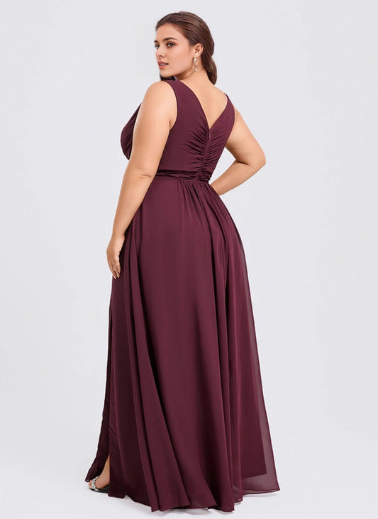 Roselledress wine red plus size long gown ruched v back zipper formal dress rear view