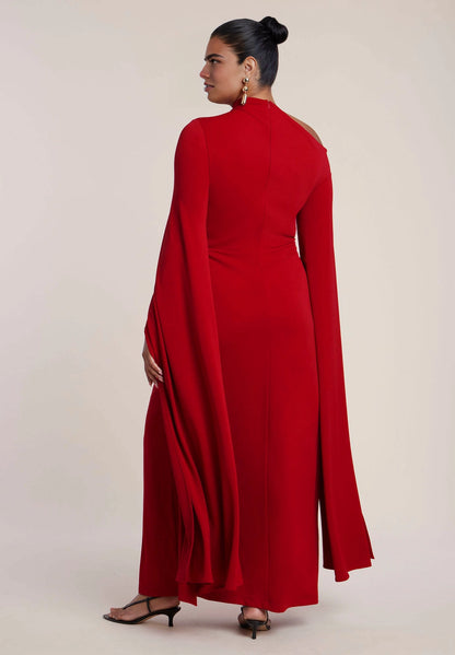 roselledress red plus size column maxi wedding guest gown high neck zip back cape sleeve formal dress back view