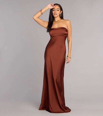 roselledress Terracotta satin strapless tube top floor mermaid bridesmaid dress