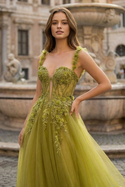 Roselledress Glitter Tulle A-Line Spaghetti Strap Corset Lace-Up Back Maxi Plus Size Prom Dress
