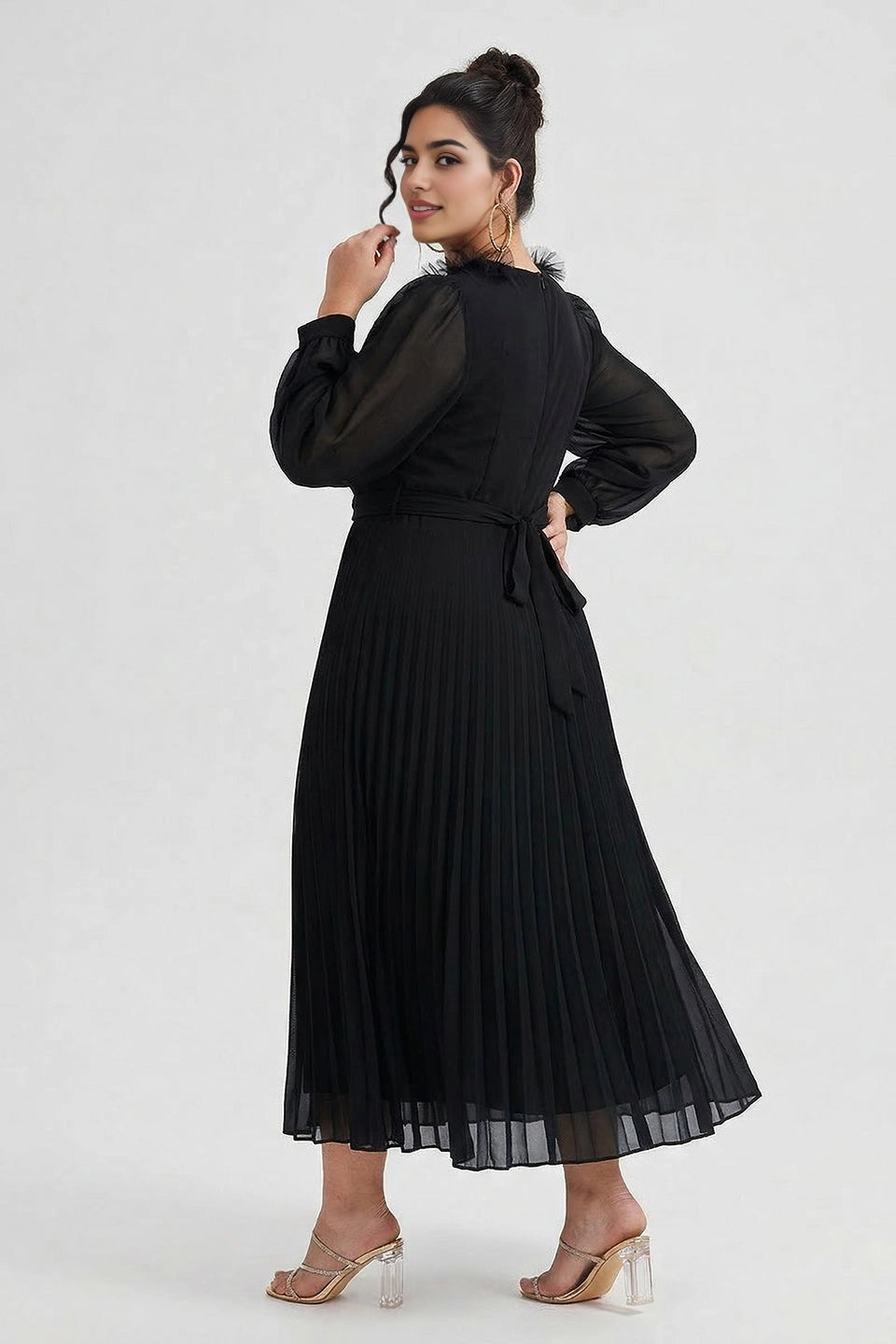 dress plus size black chiffon formal midi dress solid back tie waist ruffle v neck cocktail gown