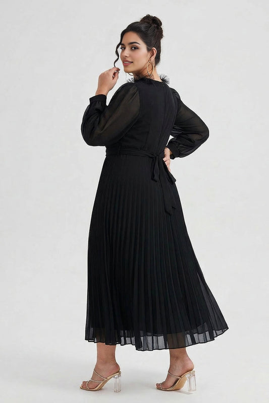 roselledress plus size black chiffon formal midi dress solid back tie waist ruffle v neck cocktail gown