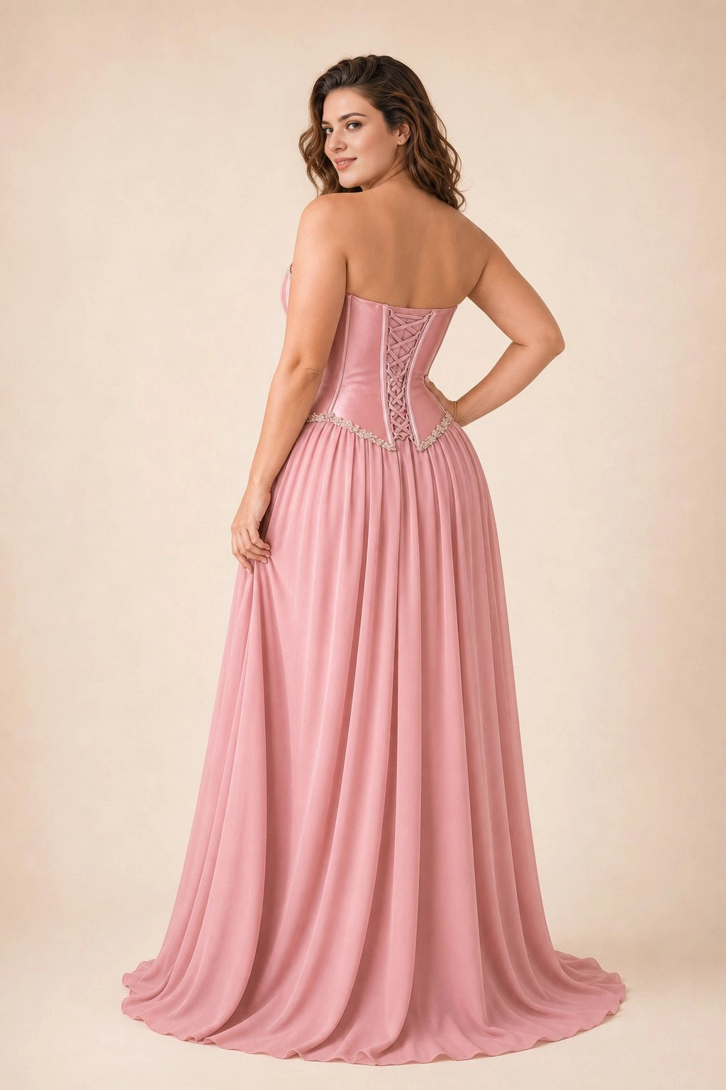 A-Line Strapless Corset Lace Up Back Chiffon Plus Size Bridesmaid Dress