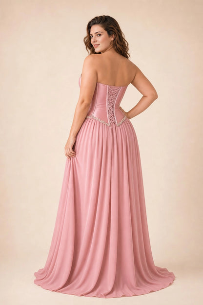 A-Line Strapless Corset Lace Up Back Chiffon Plus Size Bridesmaid Dress