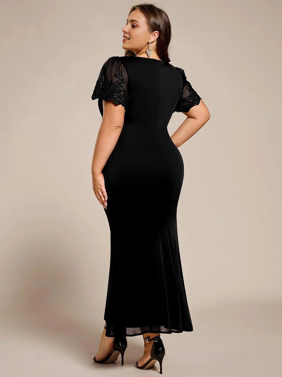 roselledress curvy black stretch formal dress sheer lace short sleeve solid zip back evening gown