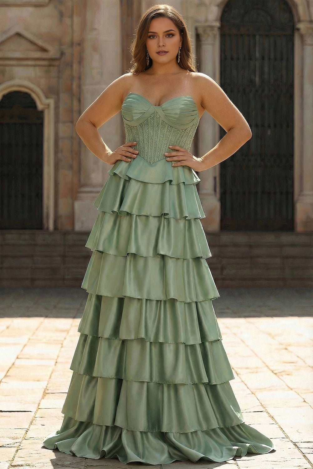 dress sage green plus size a-line strapless sweetheart corset tiered satin prom gown for curvy women