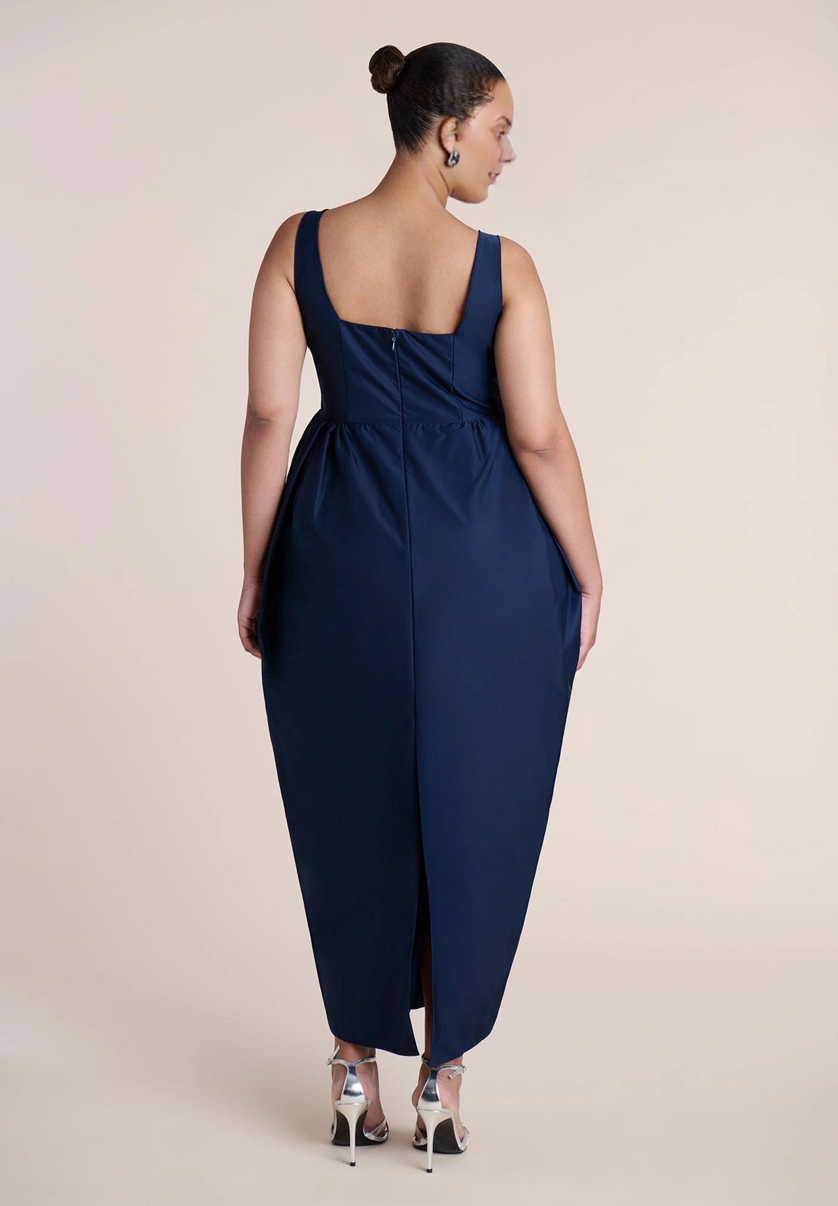 Mustard Cotton Plus Size A‑Line Square Neck Sleeveless Back Slit Midi Wedding Guest Dress