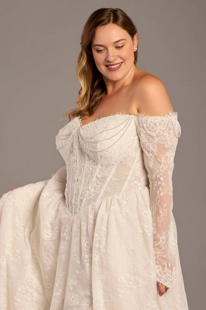 Romantic A-Line Sweetheart Long Sleeve Low V-Back Plus Size Wedding Dress