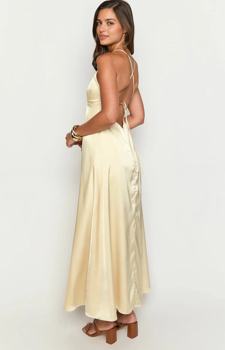 RoselleDress adjustable tie open back pale yellow satin midi gown criss cross straps back view