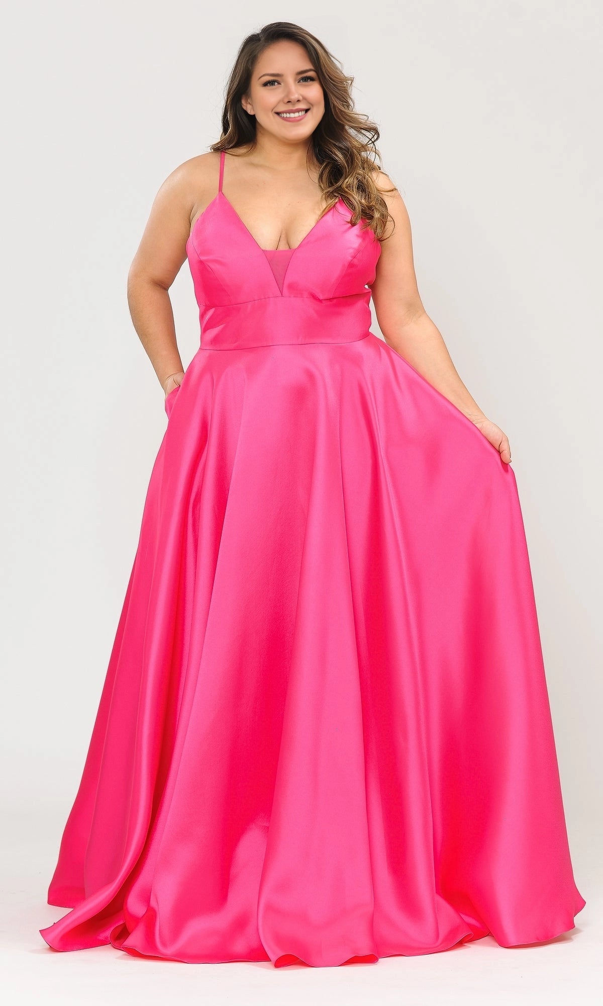 Classic A-Line V-Neck Spaghetti Strap Lace-Up Back Floor Length Plus Size Satin Prom Dress 
