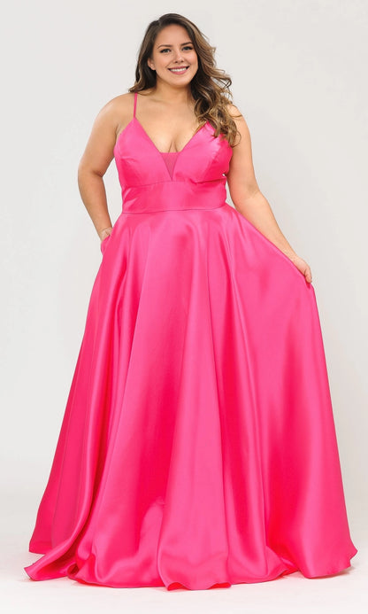 Classic A-Line V-Neck Spaghetti Strap Lace-Up Back Floor Length Plus Size Satin Prom Dress 