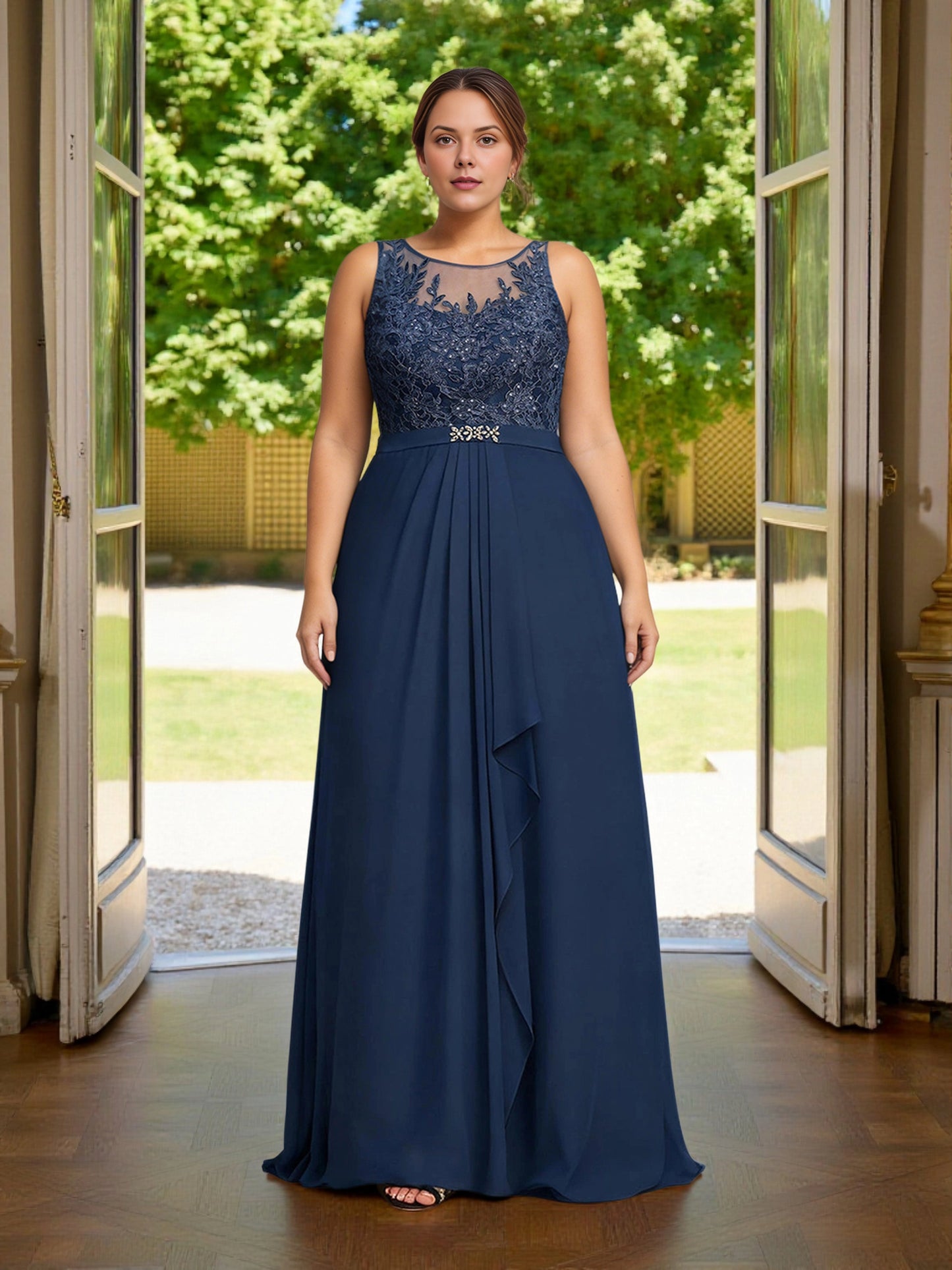 Modest A‑Line Illusion‑Neck Sleeveless Closed‑Back Floor‑Length Plus Size Mother Of Bride Dress