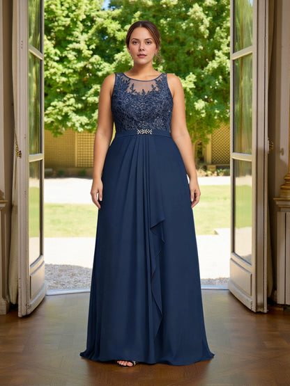 Modest A‑Line Illusion‑Neck Sleeveless Closed‑Back Floor‑Length Plus Size Mother Of Bride Dress