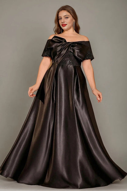 Glossy A-Line Off-The-Shoulder Short-Sleeve Zip-Back Floor-Length plus size Mother Of Bride Dress