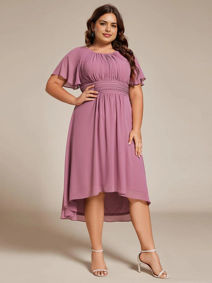 Roselledress Burgundy Round Neck Flutter Sleeve Zip Back High-Low Midi Plus Size Weeding Guest Dress