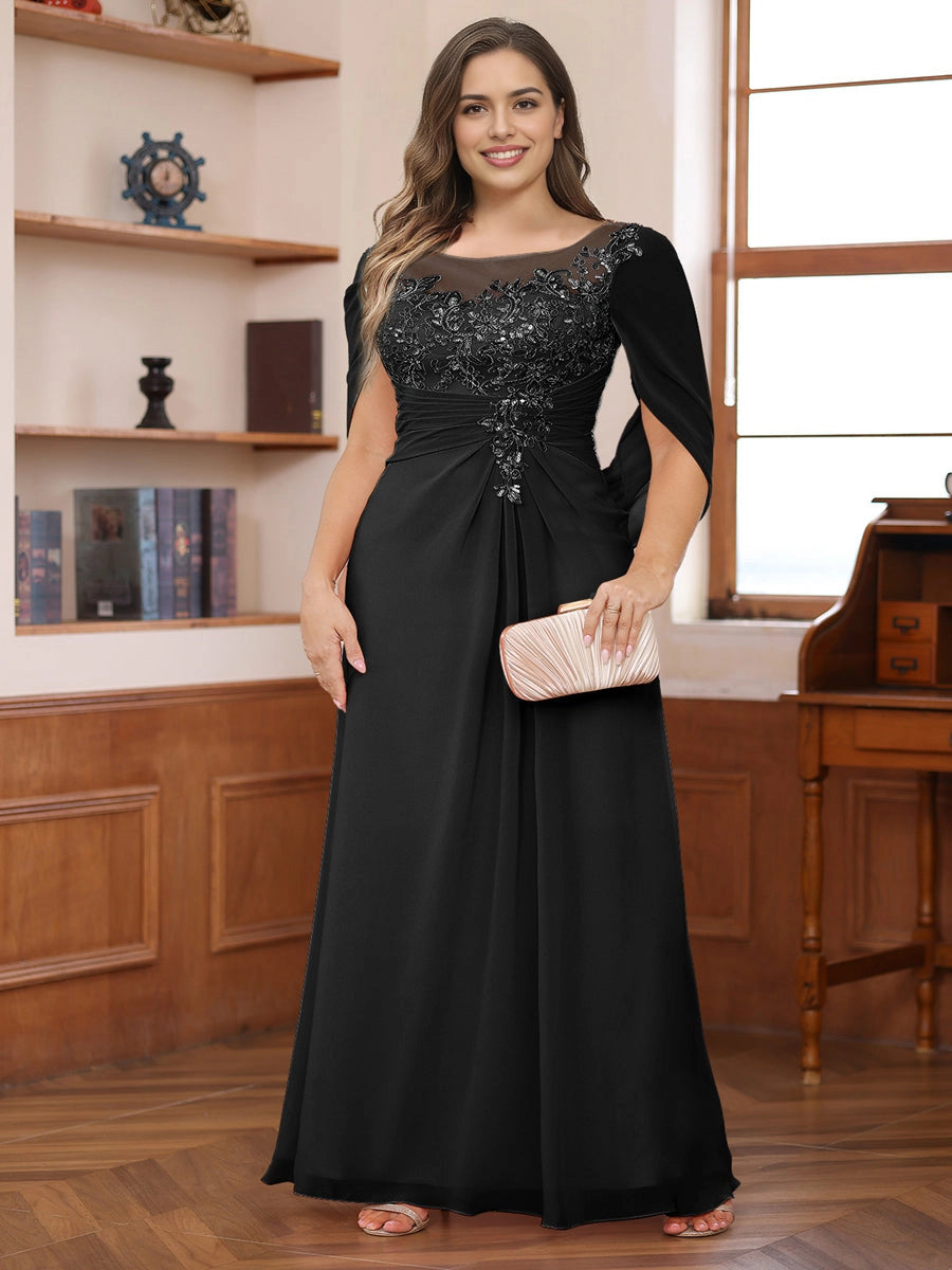RoselleDress Dusty Rose A‑Line Illusion Round Neck Cape Sleeve Keyhole Back Plus Size Mother Of The Bride Dress