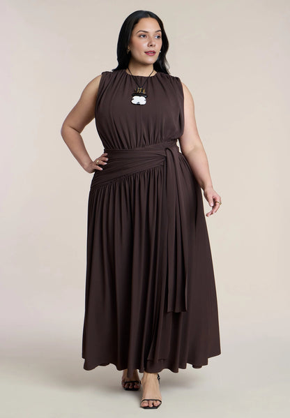 Red Plus Size Jersey A‑Line Round Neck Sleeveless Tie Waist Maxi Wedding Guest Dress