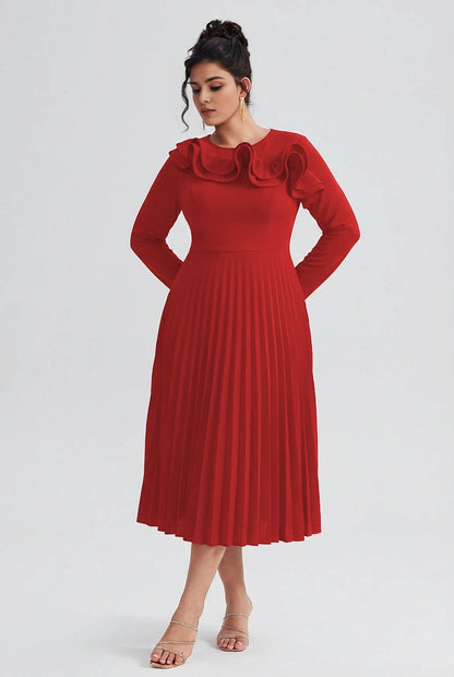 Red Plus Size A‑Line Ruffle Round‑Neck Long‑Sleeve Zip‑Back Midi Prom Dress
