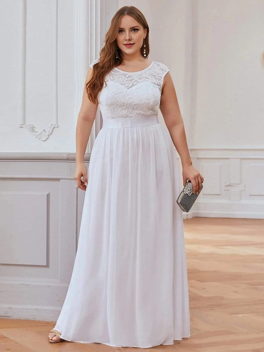 Romantic A-Line Round Cap Sleeve V-Back Sash Waist Floor-Length Plus Size Bridesmaid Dress