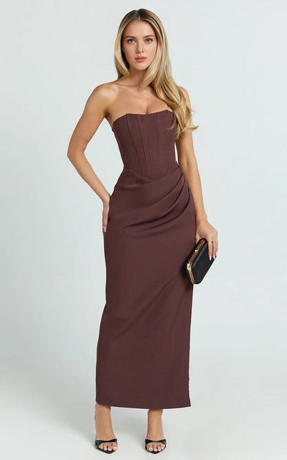 Sleek Sheath Strapless Straight Back Zipper Back Plus Size Corset Slit Midi Prom Dress
