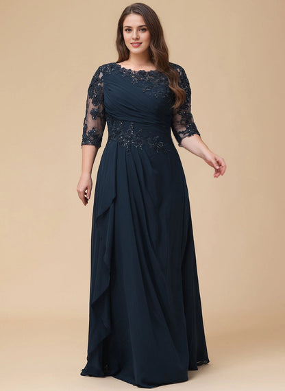 Roselledress navy plus size mother of bride dress lace 3/4 sleeve chiffon formal gown front view