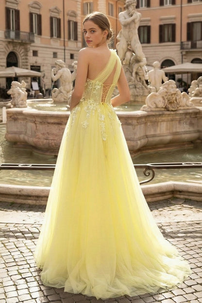 roselledress corset lace up open back yellow tulle long train formal evening gown