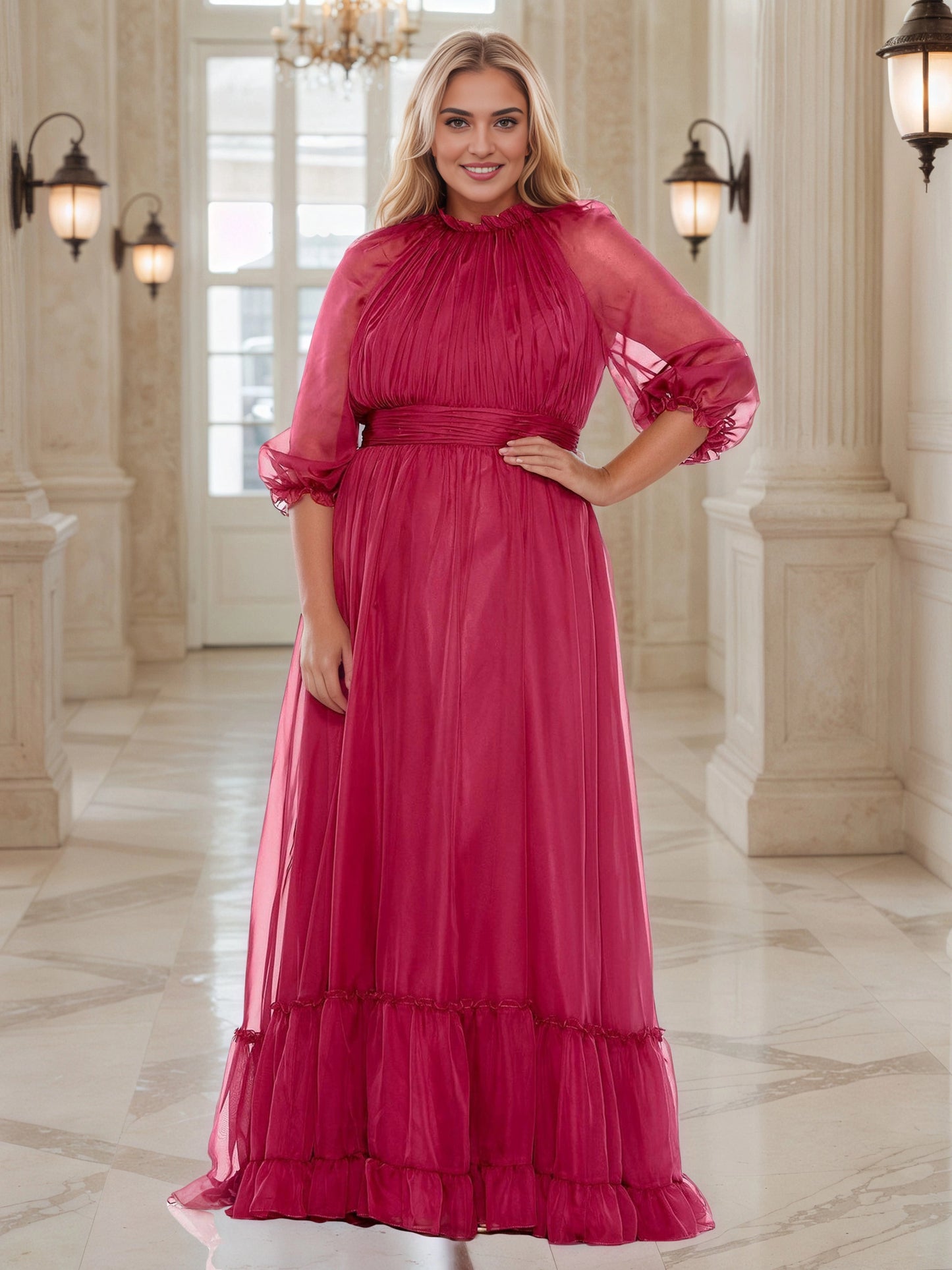 Plus‑Size High Neck Ruffled Chiffon 3/4 Sleeve A‑Line Floor‑Length Wedding Guest Dress