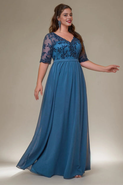 Flowy A-Line V-Neck Mid-Sleeve V-Back Floor-Length plus size Mother Of Bride Dress