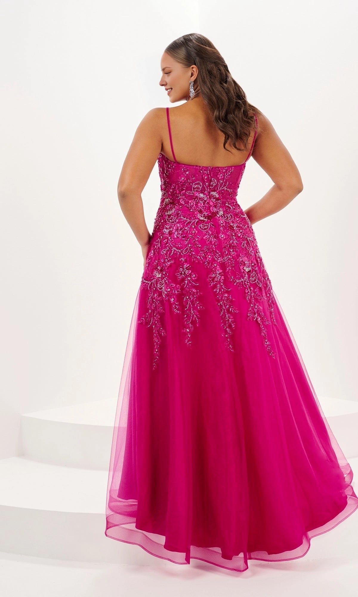 Roselledress floral beaded tulle prom gown low back invisible zipper floor length plus size formal dress back view
