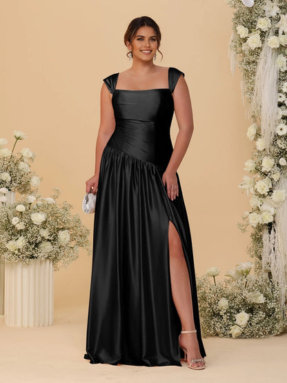 Stunning Champagne A‑Line Convertible‑Neck Ruched Zip‑Back High‑Slit Floor‑Length Bridesmaid Dress