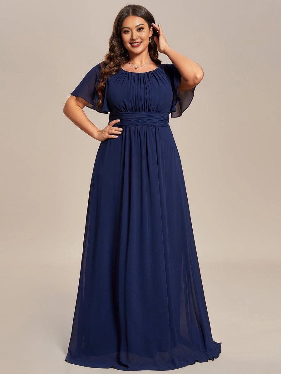 A-Line Round Neck Flutter Sleeve Back Zipper Floor Length Plus Size Floral Chiffon Wedding Guest Dress