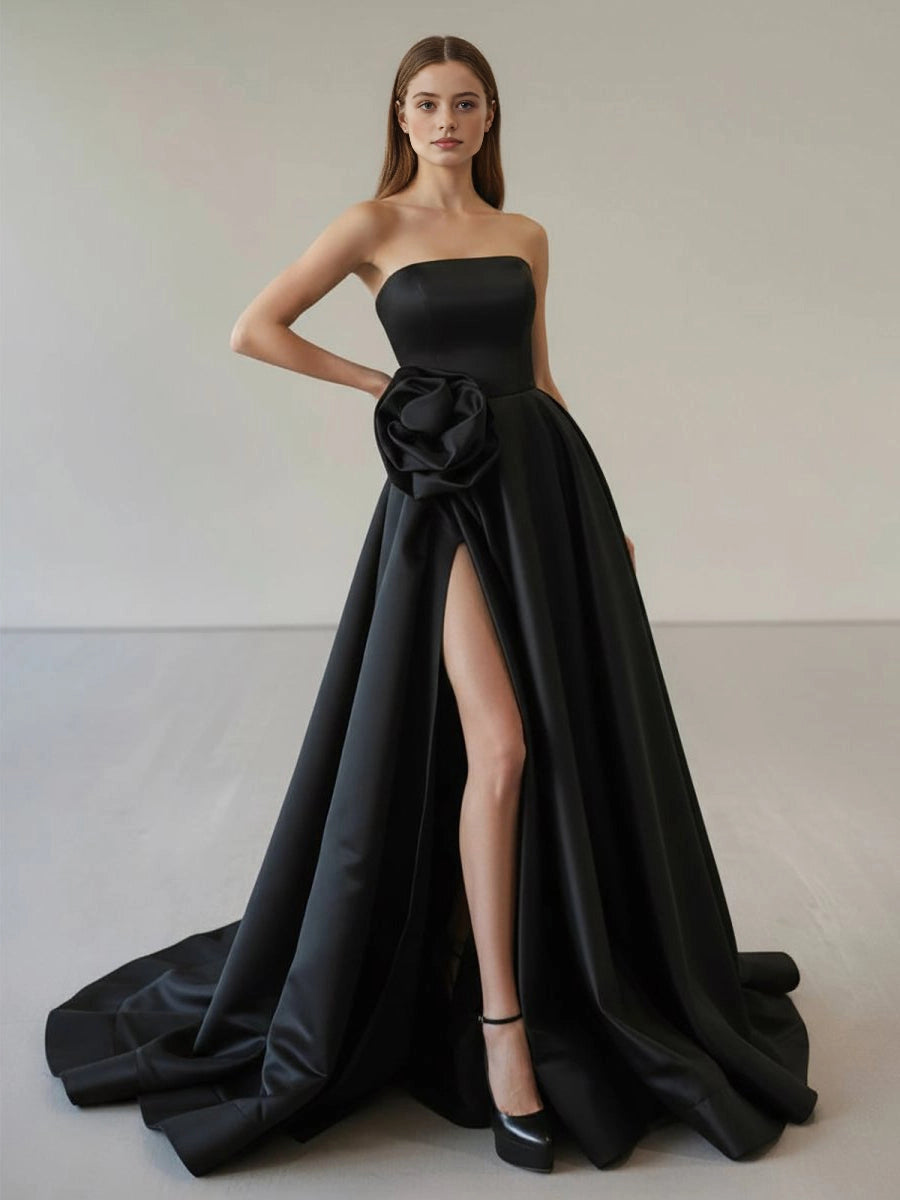 Roselledress black structured satin strapless evening gown 3D rose high slit prom train dress