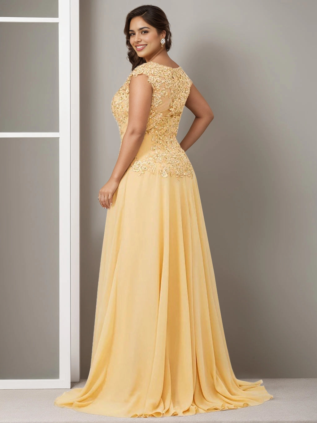 Back view RoselleDress gold yellow curvy chiffon gown illusion lace back cap sleeve floor‑length wedding mother maxi dress