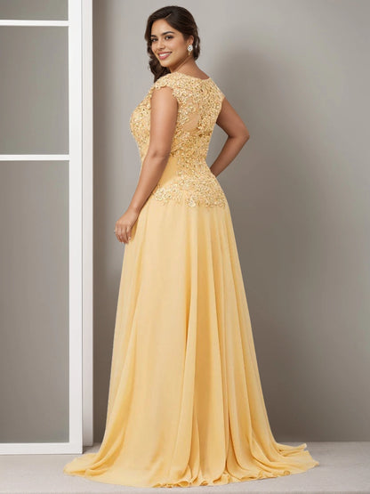Back view RoselleDress gold yellow curvy chiffon gown illusion lace back cap sleeve floor‑length wedding mother maxi dress