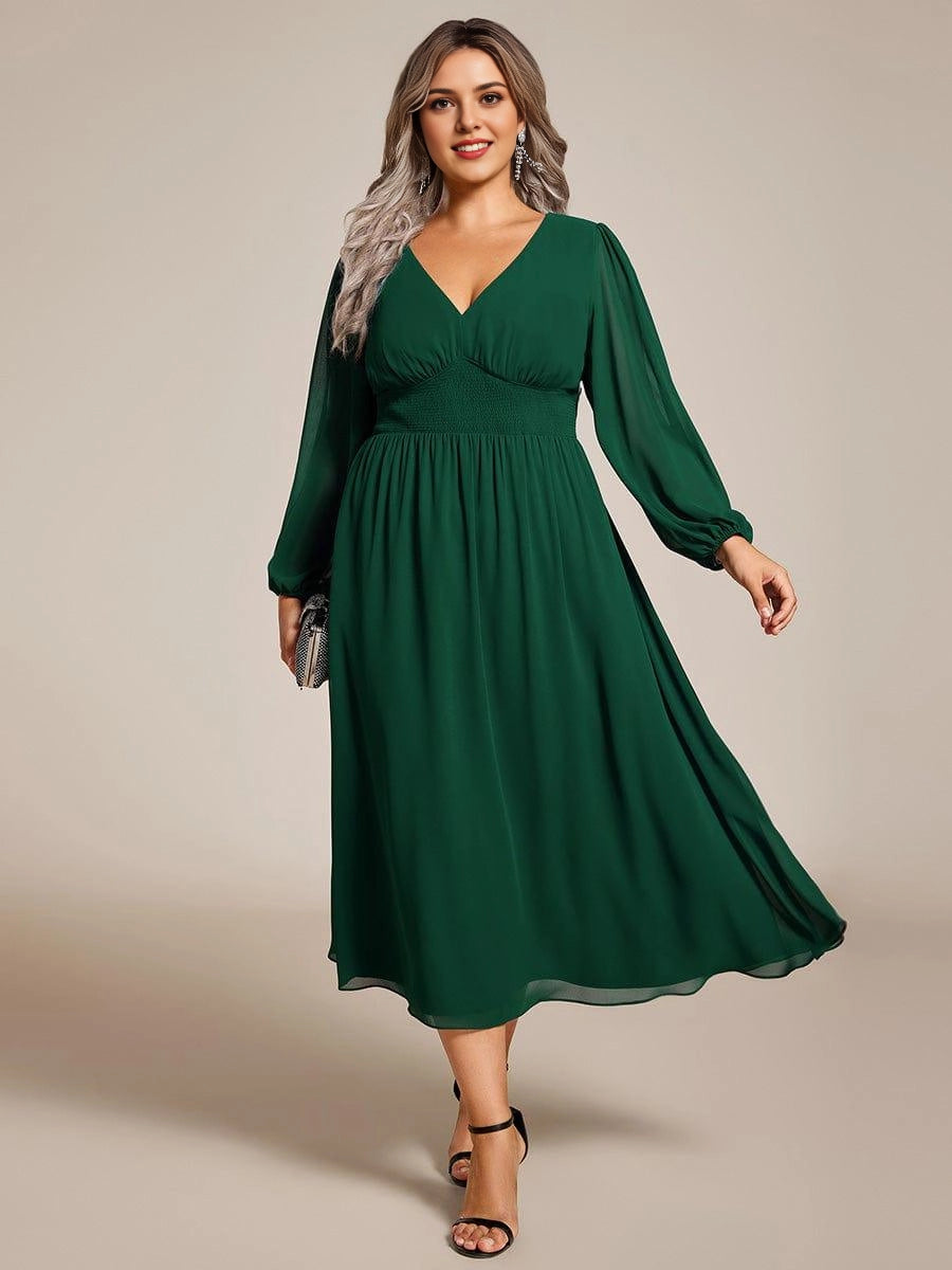 oselledress emerald green chiffon plus size wedding guest dress v neck lantern long sleeve smocked waist mridi gown