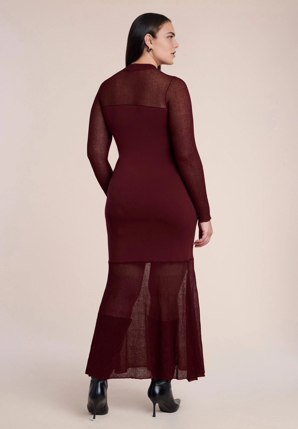 roselledress burgundy plus size mermaid knit maxi dress sheer mesh panel high neck long sleeve formal wedding guest gown back view