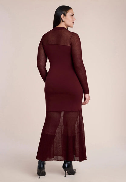 roselledress burgundy plus size mermaid knit maxi dress sheer mesh panel high neck long sleeve formal wedding guest gown back view